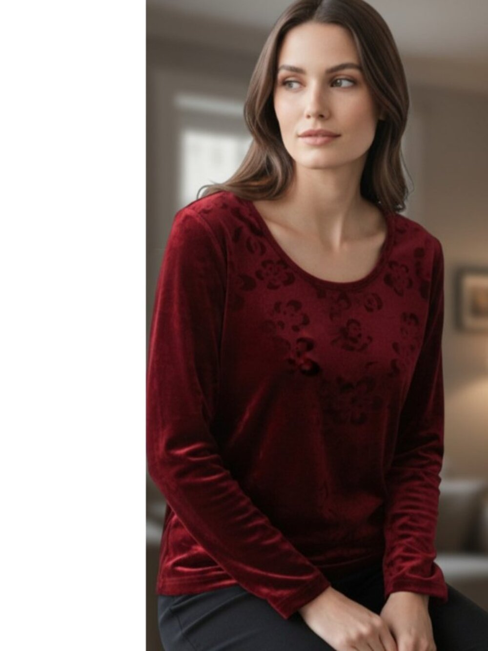 French Curve size M Velvet Velour Burnout Top Long sleeve Scoop Neck Burgundy